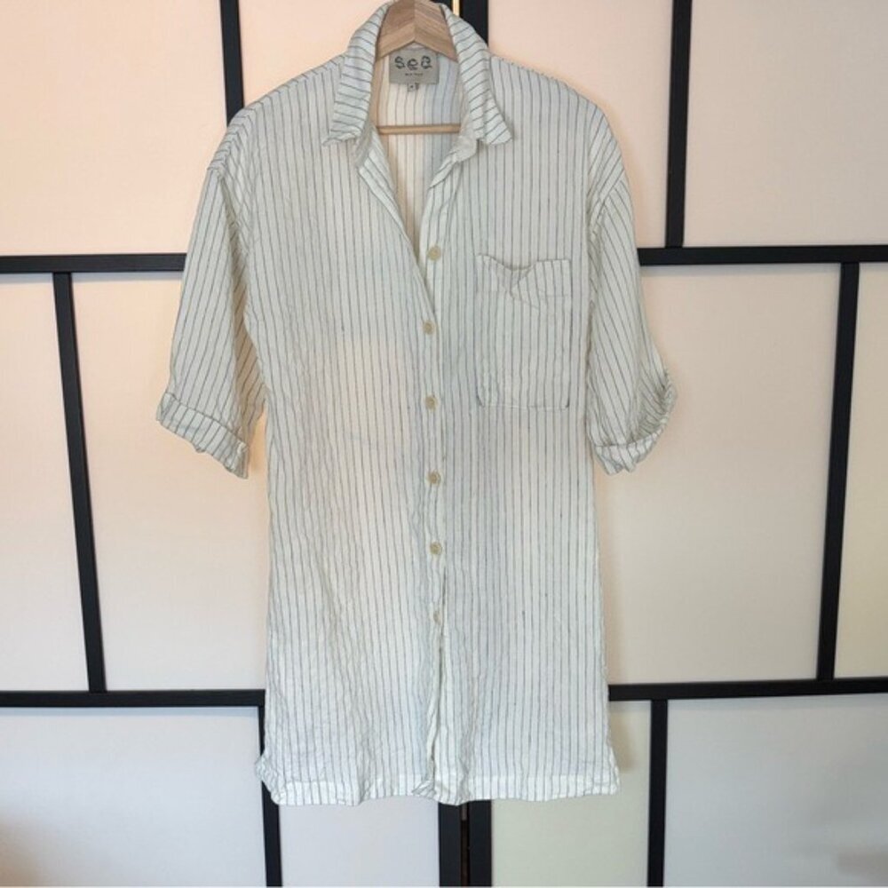 Sea New York Linen shirt asymmetrical button down Striped Women’s MEDIUM neutral